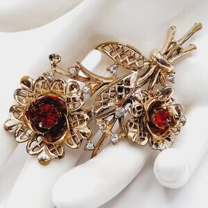 Vintage Floral Bouquet Brooch, Red Clear Rhinestones, Gold Tone, 2 3/4 Inches